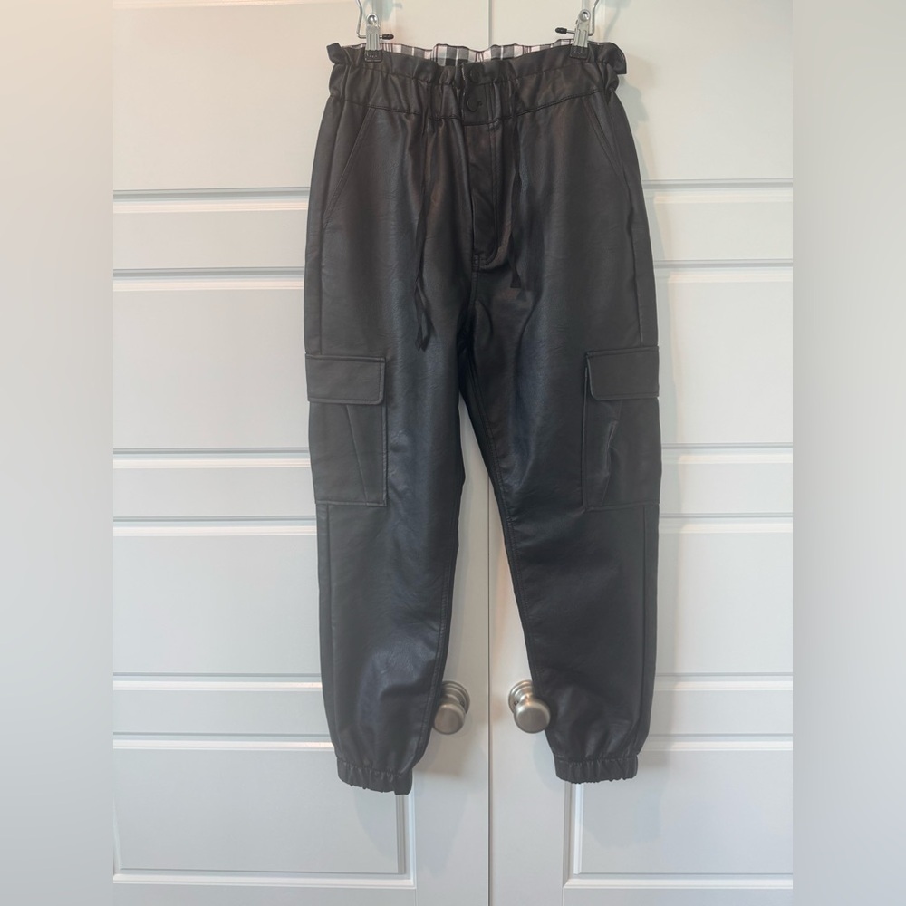 Kancan Faux Black Leather High Rise Joggers Paper Bag Waist Womens Size Large
